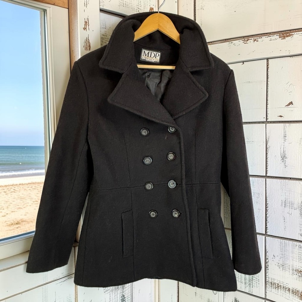 Vintage Pea Coat M Black Wool Blend Double Breasted Classic Preppy Heritage